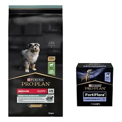 Purina Pro Plan Medium Puppy Sensitive Optidigest, ėriena ir ryžiai 12kg + PURINA PVD FortiFlora Dog 30 paketėlių