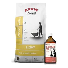 ARION Original Light Adult All Breeds 12kg + Lab-V 100% lašišų aliejus įvairaus amžiaus šunims ir katėms 500ml šalto spaudimo