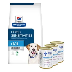 HILL'S PD Prescription Diet Canine d/d Duck and Rice 12kg + ENZO VET Hipoalerginė dieta su triušiena šunims 3x400g