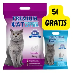 Premium Cat Clumping Bentonite Litter - levandų kraikas katėms 20kg + natūralus kraikas 5L NEMOKAMAI!