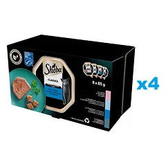 SHEBA Classics 32x85 g drėgnas visavertis pašaras suaugusioms katėms su tunu, lašiša, balta žuvimi ir morkomis, tunu ir daržovėmis, menke