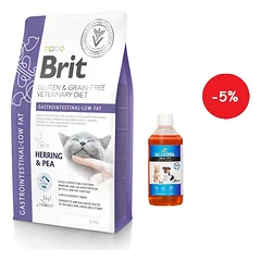 BRIT GF Veterinary Diets Cat Gastrointestinal-Low Fat 5kg + LAB V Lašišų aliejus šunims ir katėms 500ml