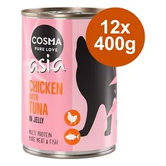 Cosma Asia drebučiuose, drėgnas maistas katėms, ekonominė pakuotė 12 x 400 g