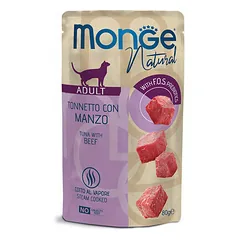 Monge Natural Adult tuno gabaliukai su jautiena, drėgnas maistas katėms 80 g