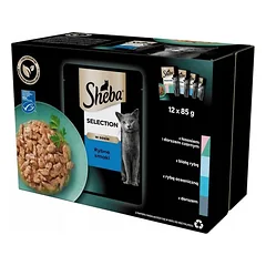 SHEBA Selection "Fish Flavours" paketėliai 48x85 g drėgno visaverčio maisto suaugusioms katėms su lašiša ir juodąja menke, baltąja žuvimi, vandenyno žuvimi, menke — 2 nuotrauka