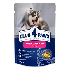 CLUB 4 PAWS Premium konservuotas ėdalas šuniukams su vištiena drebučiuose 24x100 gr