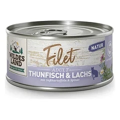 WILDES LAND Filet konservai katėms su tunu, lašiša ir batatais 80 g nuotrauka