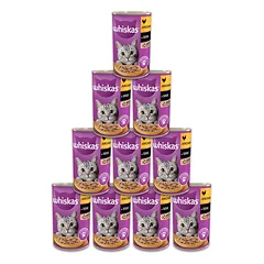 WHISKAS Adult konservų dėžutė 12x400g - drėgnas kačių maistas su vištiena padaže
