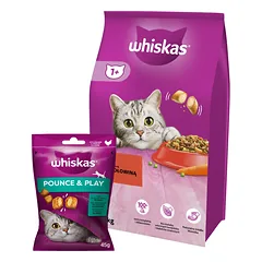 WHISKAS Adult 14kg - sausas kačių ėdalas su jautiena ir daržovėmis + WHISKAS Energy and Vitality 45g