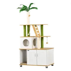 Draskyklė 160 cm su spintele tualetui, nameliu, kopėtėlėmis ir platformomis, katėms iki 5 kg, ąžuolo/balta