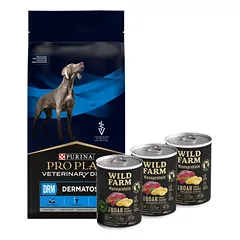 PURINA Veterinary PVD DRM Dermatosis 12kg + Wild Farm Monoprotein Pork 3x400g hipoalerginis maistas šunims