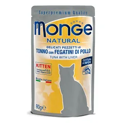 Monge Natural Pouches Kitten konservai su tunu ir vištienos kepenimis kačiukams
