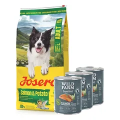 JOSERA Adult Salmon & Potato 12,5kg + WILD FARM Superfood Salmon (lašiša su cukinijomis, saldžiosiomis bulvėmis ir žolelėmis) 3x800 g pašaro šunims be grūdų