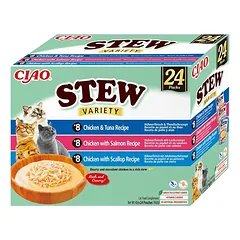 INABA Cat Ciao Stew Creamy Variety 24x40g mišinys skanėstų su vištiena, žuvimi ir šukutėmis kreminėje padaže