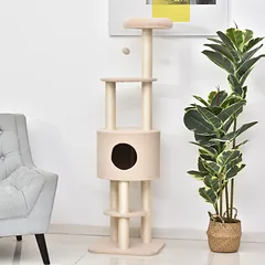 Kačių draskyklė su slėptuve ir žaisliniu kamuoliuku, smėlio spalvos, 148 cm — 2 nuotrauka