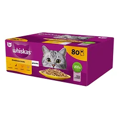 WHISKAS Adult 80x85g Paukštiena Feast – visavertis šlapias maistas suaugusiems katėms želatinos konsistencijos su vištienos, antienos, paukštienos ir kalakutienos gabaliukais.