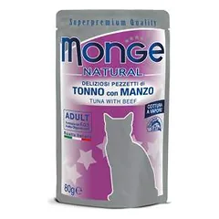 Monge Natural Wet Cat Pouches drėgnas maistas katėms su tunu ir jautiena, 80 g