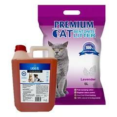 Premium Cat Clumping Bentonite Litter - levandų kraikas katėms 5L + LAB V Lašišų aliejus šunims ir katėms 5000ml