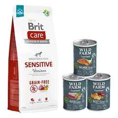 BRIT CARE Grain-free Sensitive Venison 12kg + Wild Farm Superfood skonių mišinys 3x400g
