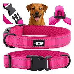 Rožinis šviesą atspindintis antkaklis dideliam šuniui HUGGY DOGGY reguliuojamas L