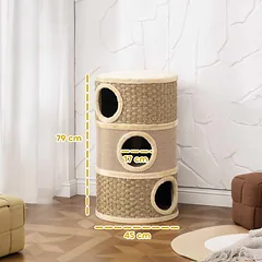 Katės draskyklė su urvais, 79 cm, Ø45 cm, chaki + kavos — 3 nuotrauka