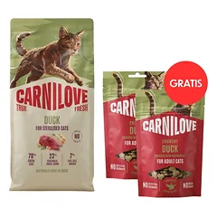 CARNILOVE „True Fresh Cat Duck Sterilised“ 6 kg – katėms po sterilizacijos + CARNILOVE „Crunchy Snack Cat Duck“ 2x50 g NEMOKAMAI