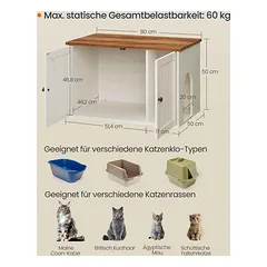 Kačių kraiko dėžutės spintelė SONGMICS HOME, Su stumdomomis durimis, Balta/ruda, 80 × 50 × 50 cm — 4 nuotrauka