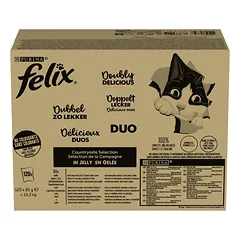 FELIX Fantastic DUO Mix želė 120x85 g: jautiena ir paukštiena, kalakutiena ir kepenėlės, vištiena ir kiaušiniai, antis ir ėriena, šlapias maistas katėms