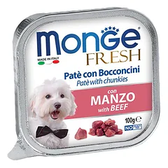 Monge Fresh paštetas ir gabaliukai su jautiena, drėgnas maistas šunims 100 g parduotuvėje superaugintinis.lt
