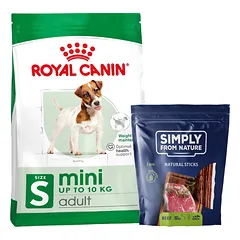 ROYAL CANIN Mini Adult 8kg Sausas maistas suaugusiems mažų veislių šunims + SIMPLY FROM NATURE Natūralūs cigarai su jautiena 3 vnt.