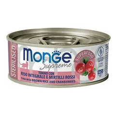 Monge Supreme Sterilised tuno gabaliukai su rudaisiais ryžiais ir spanguolėmis, drėgnas maistas katėms 80 g