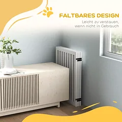 Apsauginė tvorelė augintiniams su durelėmis, 4 dalių, sulankstoma, MDF, 240 x 81 cm, balta — 4 nuotrauka