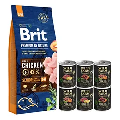 BRIT Premium By Nature Senior S+M 15kg + WILD FARM Monoprotein hipoalerginis šunų maistas –  skonių rinkinys 6x400g