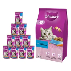 WHISKAS Adult 14kg - sausas kačių maistas su tunu ir daržovėmis + WHISKAS Adult skardinė 10x400g 