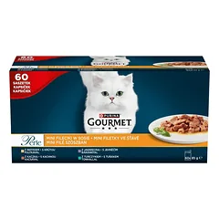 GOURMET Perle Mini filetai padaže, 60x85 g: kalakutiena, antiena, ėriena ir tunas, šlapias maistas katėms