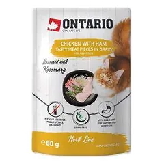 Konservuotas kačių ėdalas - Ontario žolelių vištiena su kumpiu, ryžiais ir rozmarinais, 80 g