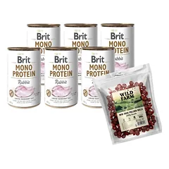 BRIT MONO PROTEIN RABBIT 6x400g + WILD FARM ančių ritinėlis 500g skanėstų šunims