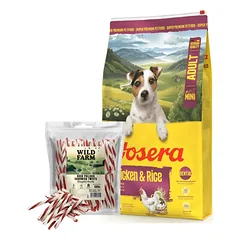 JOSERA Mini Adult Chicken & Rice 10kg + WILD FARM ančių sumuštinis 500g skanėstai šunims