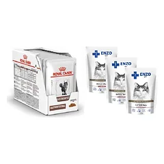 ROYAL CANIN Gastro Intestinal 12x85g paketėlis (griežinėliai padaže) + ENZO VET Žarnynas su ėriena padaže katėms 3x100g