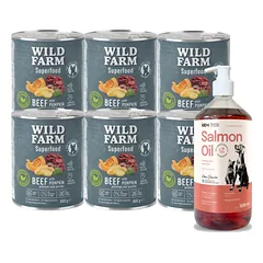 WILD FARM Superfood Beef (jautiena su moliūgais, bulvėmis ir petražolėmis) 6x800 g pašaro šunims be grūdų + LAB V Lašišų aliejus šunims ir katėms 1000ml