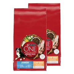  PURINA ONE Junior Medium/Maxi šuniukų maistas, turtingas vištiena ir ryžiais, 2x7 kg