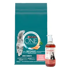 Purina One Adult lašišos ir kviečių ėdalas katėms 9,75 kg + LAB V Lašišų aliejus šunims ir katėms 500ml