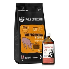 Paka Zwierzaka - Septintas dangus - Kiauliena su moliūgais L 9kg + Lab-V 100% lašišų aliejus įvairaus amžiaus šunims ir katėms 500ml šalto spaudimo