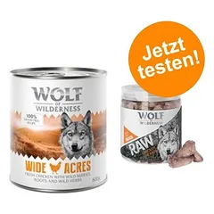 Wolf of Wilderness kombinuotas rinkinys: 24 x 800 g drėgnas maistas + 4 x 70 g RAW skanėstai