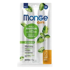 Monge Gift Soft Sticks Sterilised Duck With Lemon Balm minkšti skanėstai sterilizuotoms katėms su antiena ir citrinmėte, 15 g