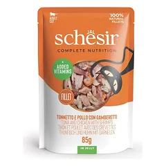 SCHESIR Jelly Adult Tuna&Chicken&Shrimps 85g tunas ir vištiena su krevetėmis drebučiuose