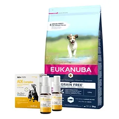 EUKANUBA Puppy&Junior Small/Medium Grain Free 3kg + Lab-V ADE Complex - vitaminų A, D ir E kompleksas šunims ir katėms