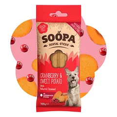 SOOPA Spanguolių ir saldžiųjų bulvių lazdelės šunims, Cranberry & Sweet Potato Dog Dental Sticks, 100g