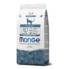 Monge Sterilised Monoprotein Trout sausas maistas sterilizuotiems suaugusiems katėms su upėtakiu, 0,4 kg