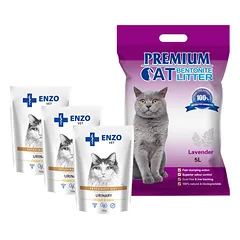 Premium Cat Clumping Bentonite Litter - levandų kraikas katėms 5L + 3x ENZO VET šlapalas su vištiena padaže katėms 100g